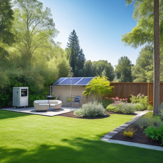 A serene suburban backyard with a sleek, compact solar-powered generator unit, surrounded by lush greenery, with solar panels angled towards the sun, and a faint hummingbird flying nearby.