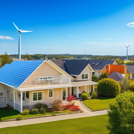 A suburban neighborhood with modern homes, each equipped with solar panels and wind turbines, under a bright blue sky. An official-looking document with a seal in the foreground, symbolizing government support.