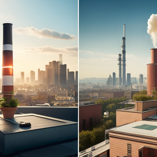 A split-screen image: a cityscape with smokestacks and pollution on one side, and a sunny rooftop with sleek PV panels and a green backyard on the other, with a subtle money bag symbol in the corner.