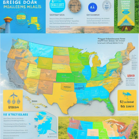 A vibrant collage of state maps with solar panels, sun icons, and dollar signs, showcasing various rebate programs. Bright colors represent different states, highlighting solar energy's growth and potential savings in 2023.