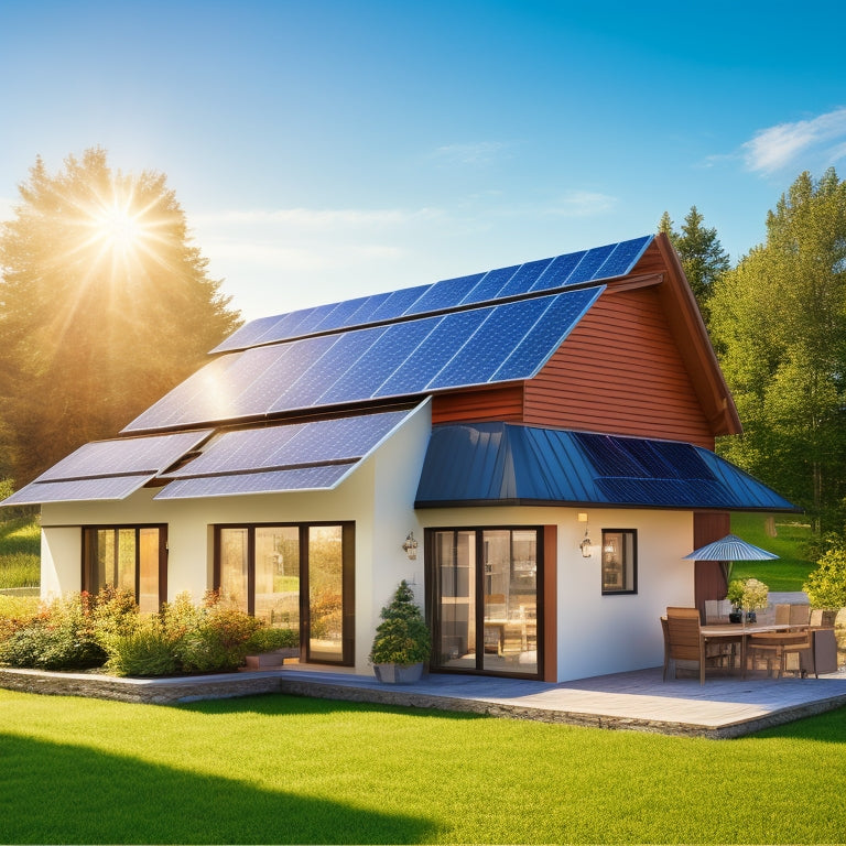 A cozy small home with three different roof-mounted solar panel systems, each distinct in design, set against a clear blue sky. Lush green surroundings and sunlight reflecting off the panels, emphasizing their efficiency and eco-friendliness.