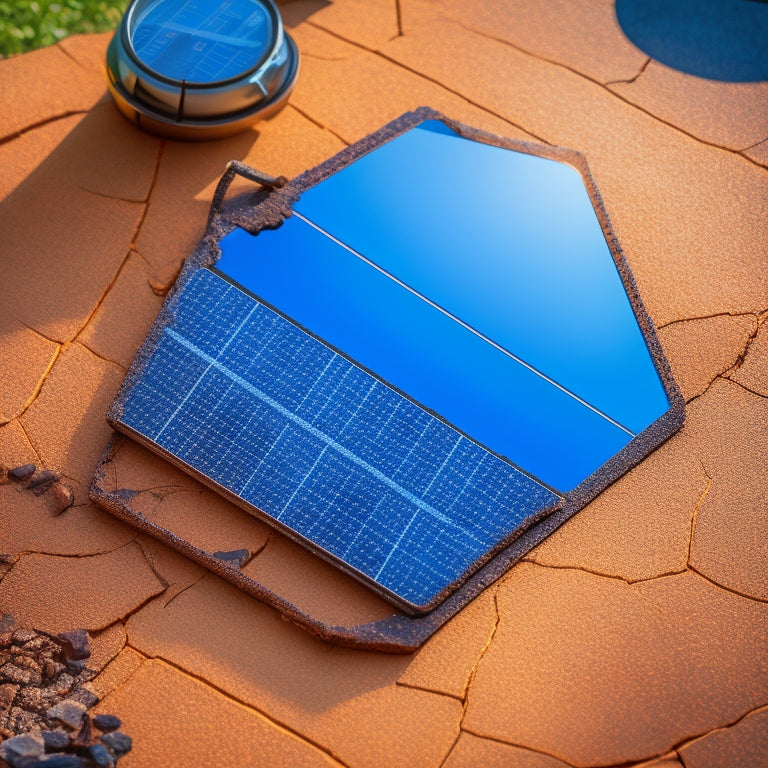 A cracked solar panel with a spider-like fracture pattern, surrounded by scattered tools and a magnifying glass, with a subtle background of a sunny day and a faint grid of solar panels.