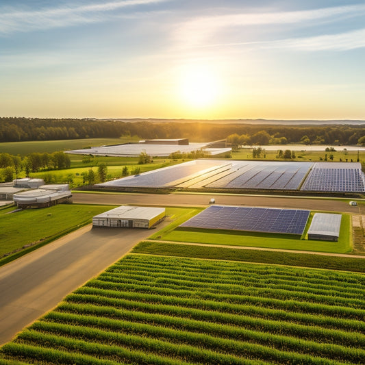 Aerial view of a large industrial facility with solar panels installed on rooftops, surrounded by a lush green landscape, with a subtle sun shining in the background.