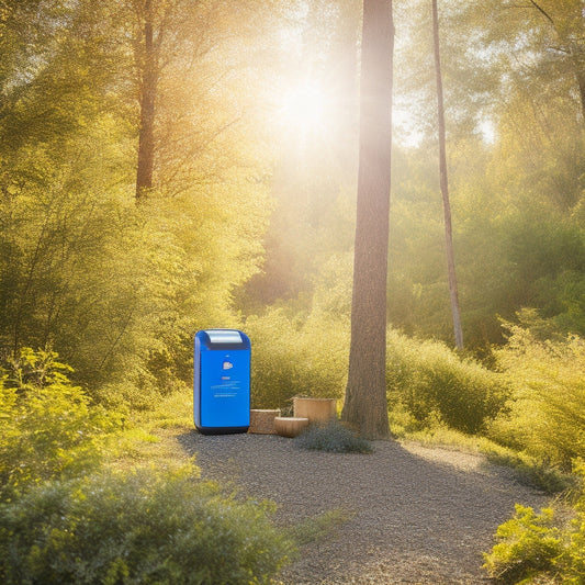A serene outdoor setting showcasing various eco-friendly solar batteries in natural materials, surrounded by lush greenery, sunlight filtering through trees, and a vibrant blue sky, emphasizing sustainability and clean energy.