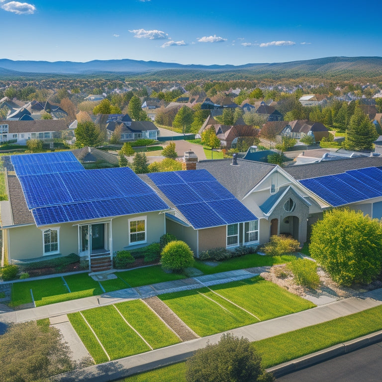 A serene aerial view of a suburban neighborhood with various rooftops featuring differently sized solar panel arrays, contrasting against a bright blue sky with a few wispy clouds.