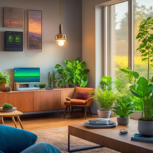 A modern living room with smart devices, energy-efficient LED lights, a digital thermostat, and a solar panel view through the window, showcasing a cozy atmosphere with plants and a tablet displaying energy stats.