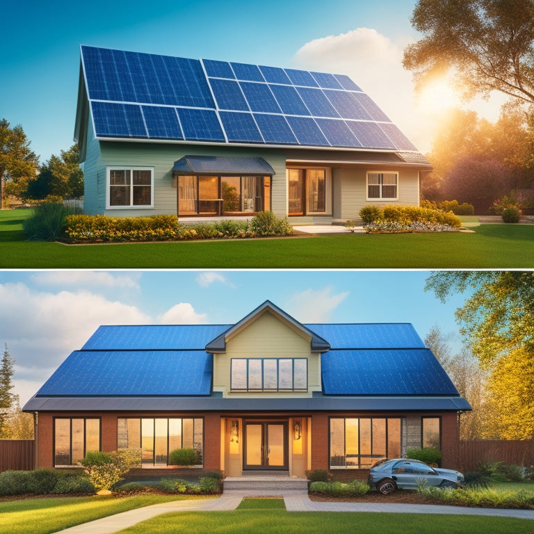 A split-screen image featuring a suburban home with solar panels on the roof on one side, and a commercial building with a large solar panel array on the roof on the other.