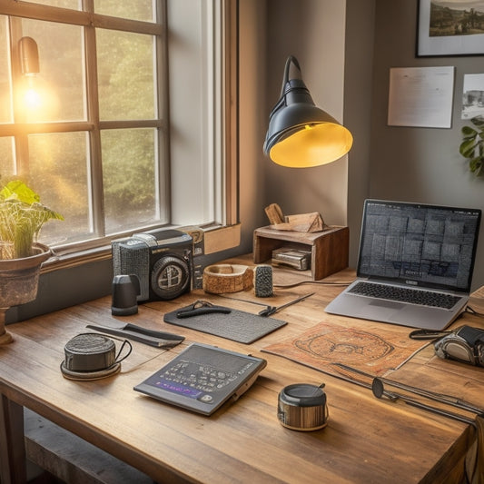 A beginner-friendly workspace with a solar inverter on a table, tools like a multimeter and screwdriver nearby, a laptop displaying troubleshooting diagrams, and sunlight streaming through a window, creating a warm atmosphere.