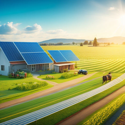 An illustration of a sun-kissed farm with solar panels and wind turbines powering a network of pipes and sprinklers, nourishing lush green crops under a bright blue sky.