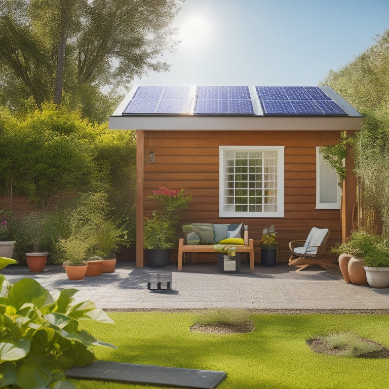 A serene, sunny backyard with a modern house, solar panels installed on the roof, and a laptop on a patio table, surrounded by garden plants and a subtle grid pattern in the background.