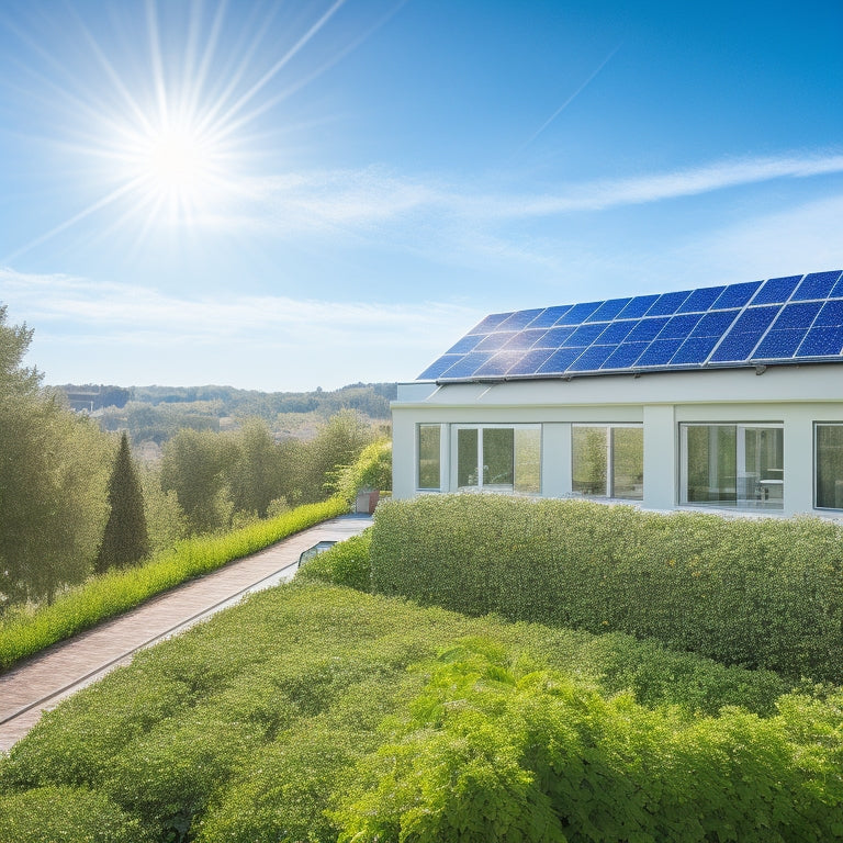 A sunny rooftop with sleek, modern solar panels installed, surrounded by a lush green garden, blue sky with a few clouds, and the sun shining brightly, symbolizing energy efficiency and eco-friendliness.