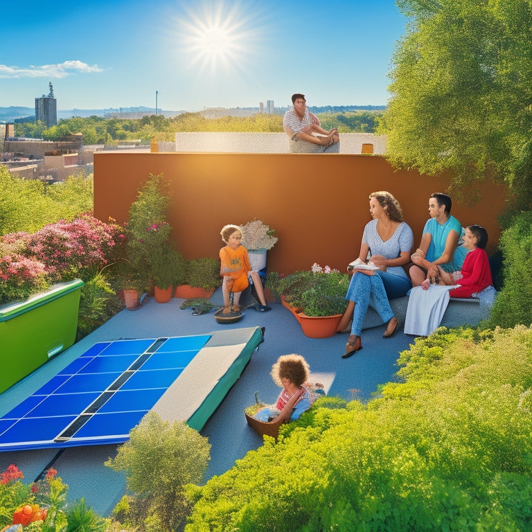 A sun-drenched rooftop adorned with sleek solar panels, surrounded by lush greenery. Below, a family enjoys a picnic with a vibrant garden, while a bright blue sky with fluffy clouds enhances the scene.