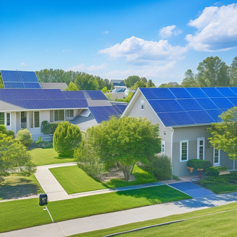 A serene suburban neighborhood with various homes showcasing differently angled and sized solar panels on rooftops, amidst lush green trees and a bright blue sky with subtle, puffy clouds.