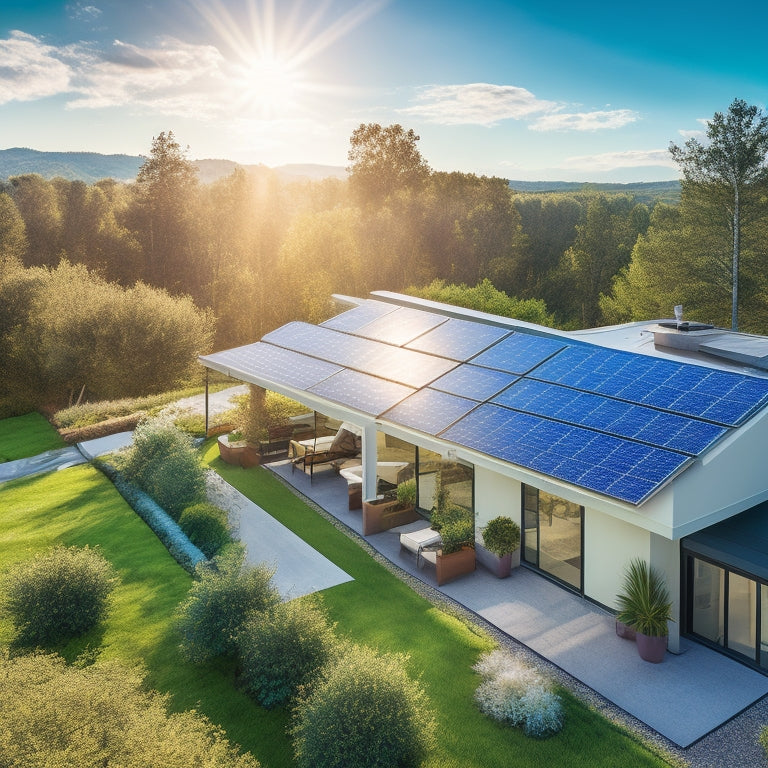 A sunlit rooftop adorned with sleek, high-efficiency solar panels glistening under a clear blue sky, surrounded by lush greenery and a modern home, showcasing cutting-edge renewable energy technology.