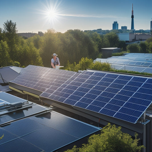 A vibrant small business rooftop adorned with sleek solar panels, sunlight glinting off their surfaces, surrounded by greenery, with workers installing the system, showcasing teamwork and innovation in renewable energy.