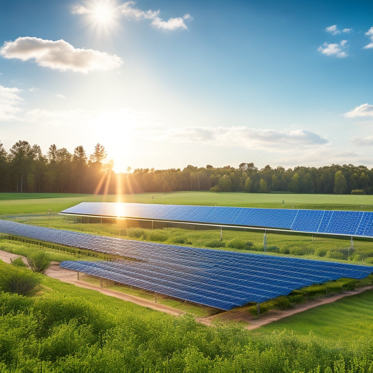 A serene landscape with a modern, sleek solar panel farm in the foreground, surrounded by lush greenery, with a bright blue sky and a few wispy clouds, conveying a sense of sustainability.