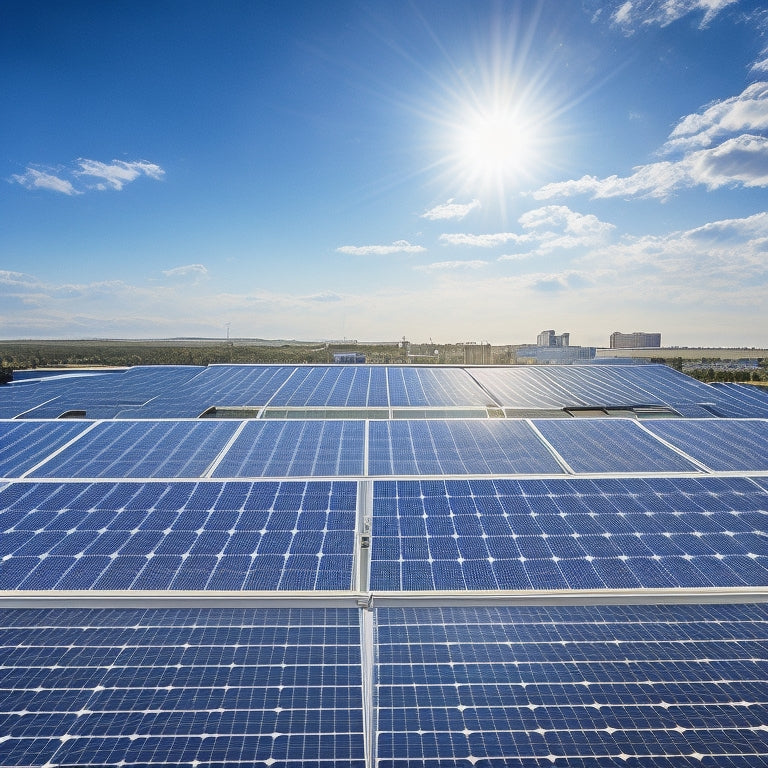 A rooftop with seven different solar panels installed, each with distinct designs, shapes, and sizes, set against a clear blue sky with a few fluffy white clouds.