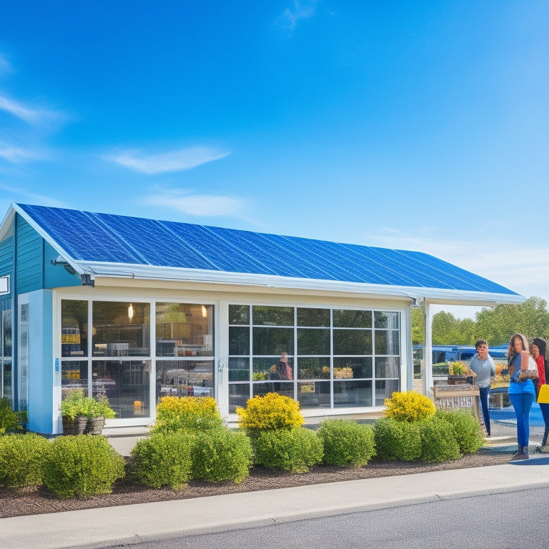 A vibrant small business storefront with solar panels on the roof, wind turbines in the background, lush greenery surrounding, and a happy owner interacting with customers, all under a clear blue sky with sunlight streaming down.