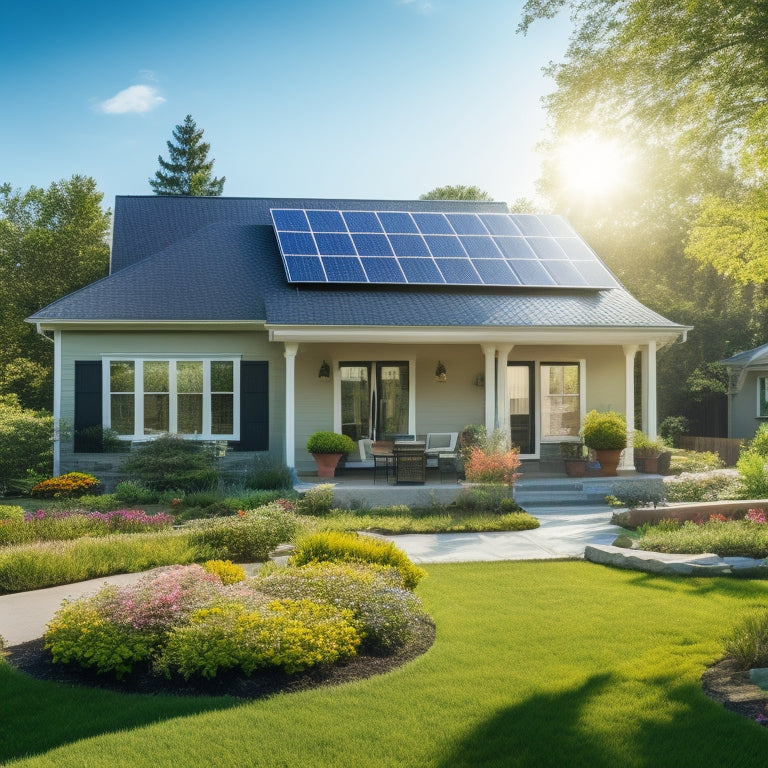 A sunlit suburban home with sleek, black solar panels on the roof, surrounded by a lush green lawn, blooming flowers, and a clear blue sky, showcasing a sustainable and eco-friendly lifestyle.