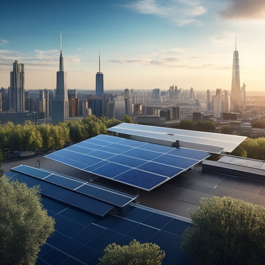 A photorealistic illustration of a commercial rooftop with a mix of flat and angled surfaces, partially covered with shiny black solar panels, amidst a cityscape with skyscrapers and trees.