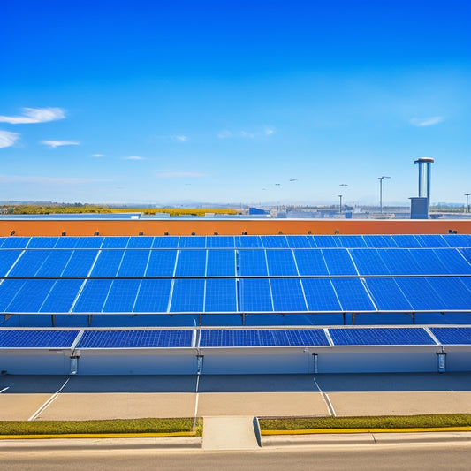 A detailed commercial solar system with solar panels on a large rooftop, inverters, wiring, and a battery storage unit. A bright sunny day with blue skies and a clean, modern industrial building in the background.