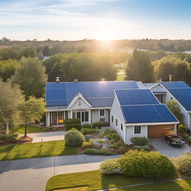 A serene suburban neighborhood with sleek, black solar panels installed on rooftops, amidst lush green trees and a bright blue sky with a few wispy clouds, conveying eco-friendliness and sustainability.