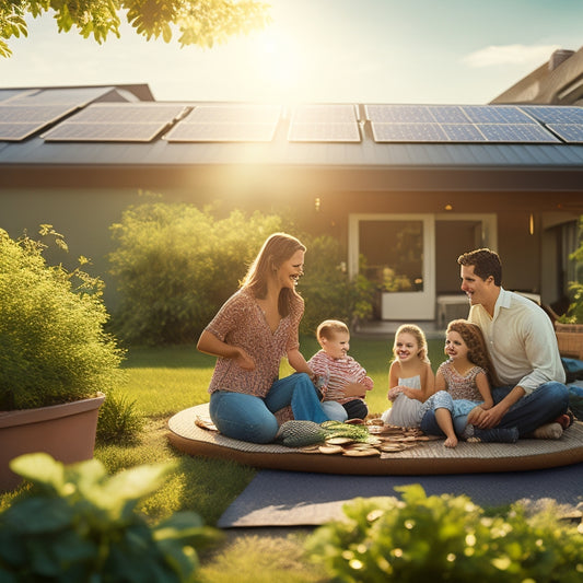 A sunlit rooftop adorned with solar panels, surrounded by lush greenery, a piggy bank overflowing with coins, and a serene family enjoying a picnic in the foreground, symbolizing financial growth and sustainability.