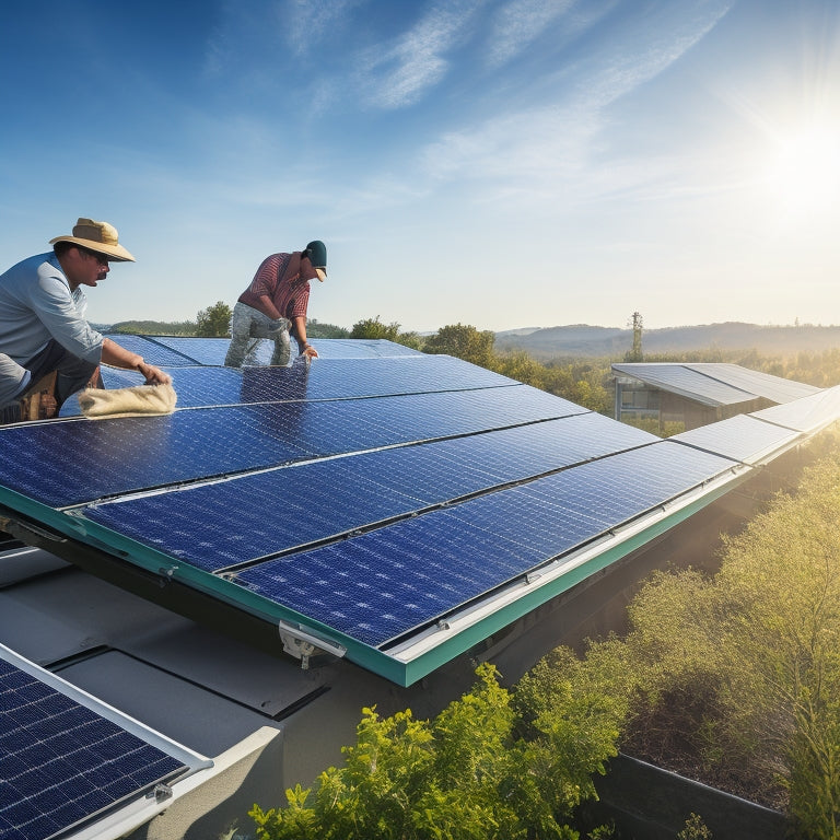 A serene rooftop scene showcasing bright solar panels under a clear blue sky, surrounded by vibrant greenery. A person gently cleaning the panels with eco-friendly tools, sunlight reflecting off the surface, emphasizing sustainability.