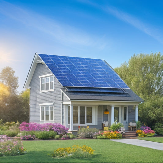 A serene suburban home with solar panels on the roof, surrounded by blooming flowers and a bright blue sky, with a subtle hint of a cityscape in the background, featuring a mix of 10 visual elements representing key cost factors.