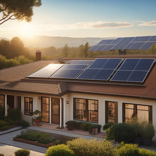 A serene, sun-drenched suburban rooftop with three rows of sleek, black solar panels at optimal angles, surrounded by neatly trimmed roof tiles and a few strategically placed vents.