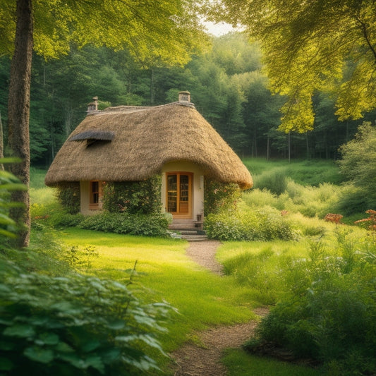 A serene eco-friendly home nestled in a lush forest, featuring cob walls, a thatched roof, wooden beams, and natural stone accents, surrounded by vibrant greenery and colorful wildflowers, with sunlight filtering through the trees.
