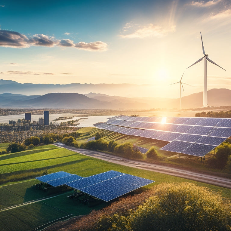 A vibrant landscape showcasing solar panels glistening under the sun, wind turbines spinning gracefully on rolling hills, and a modern city skyline in the background, symbolizing progress in renewable energy policies.