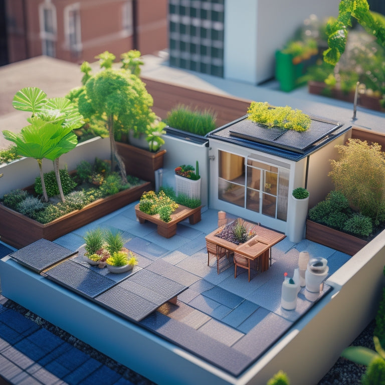 A miniature rooftop with 5-7 small, sleek solar panels in a staggered formation, surrounded by tiny potted plants and a few small, modern outdoor furniture pieces.