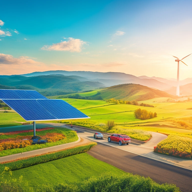A vibrant landscape showcasing solar panels on rooftops, wind turbines on rolling hills, and electric vehicles charging at a business. Lush greenery surrounds the scene, symbolizing sustainability and innovation in eco-friendly practices.