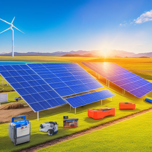 A colorful, 3D illustration of a solar array with various components labeled with icons, including panels, inverters, mounting systems, wiring, and trackers, amidst a subtle background of a sunny landscape.