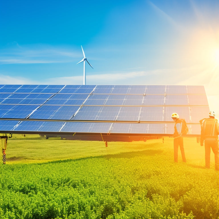 A high-tech factory with workers in safety gear inspecting solar panels and wind turbines, surrounded by vibrant, lush green landscapes under a clear blue sky.