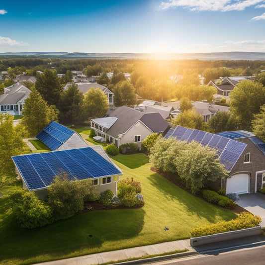 Aerial view of a modern suburban neighborhood with solar panels installed on rooftops, surrounded by lush green trees, with a bright blue sky and fluffy white clouds in the background.
