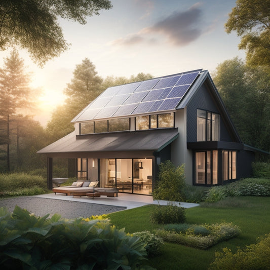 A serene suburban home with a sleek, modern solar panel array on the roof, surrounded by lush greenery, with a subtle glow emanating from the windows, conveying eco-friendliness and energy efficiency.