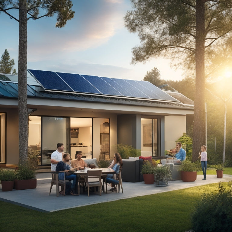 A modern home with sleek solar panels on the roof, surrounded by greenery. A family discusses finances outdoors, with a glowing sun and a digital graph overlay showing zero upfront costs, symbolizing affordable energy solutions.