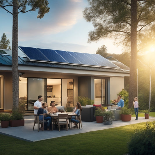 A modern home with sleek solar panels on the roof, surrounded by greenery. A family discusses finances outdoors, with a glowing sun and a digital graph overlay showing zero upfront costs, symbolizing affordable energy solutions.