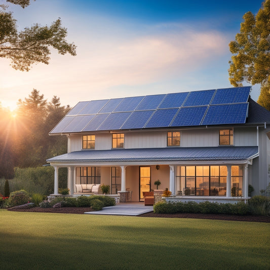 A serene suburban home with solar panels installed on the roof, surrounded by lush greenery, with sunlight casting a warm glow, and a faint blue sky with a few white, puffy clouds.