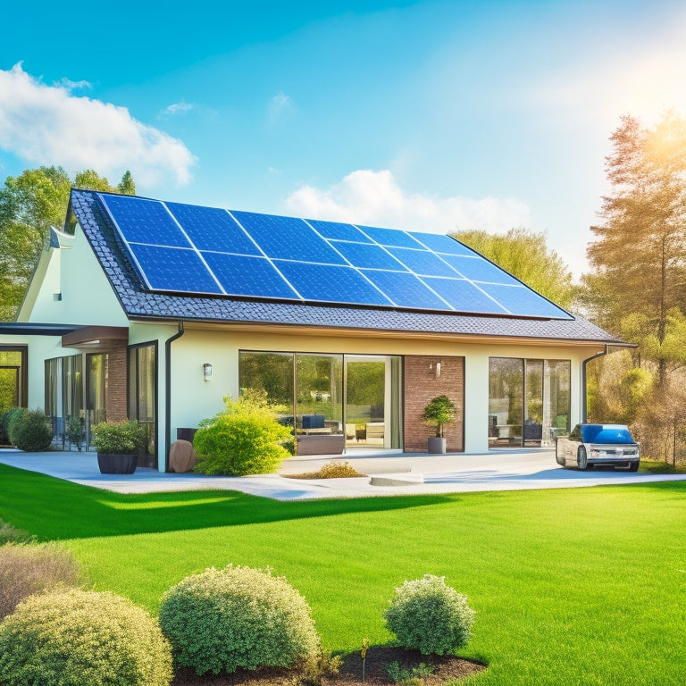 An image of a modern home with solar panels on the roof, set against a sunny blue sky, with green trees and a well-manicured lawn, showcasing an eco-friendly, energy-efficient lifestyle.