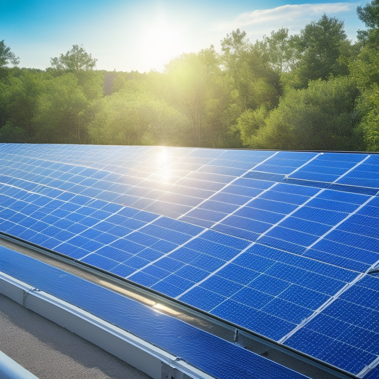 High-quality, sleek solar panels glistening in bright sunlight on modern rooftops, surrounded by lush greenery and clear blue sky, showcasing cutting-edge technology and eco-friendly energy solutions.