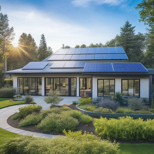 A modern suburban home with sleek solar panels on the roof, surrounded by lush greenery, sunny skies, and a vibrant garden, showcasing energy-efficient technology harmoniously integrated into the natural environment.