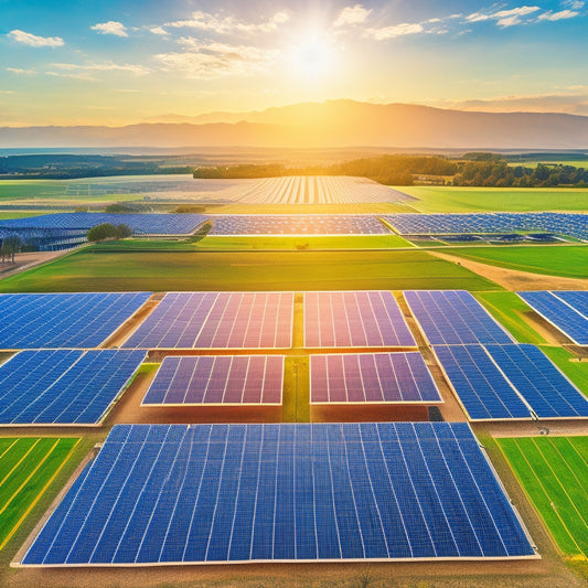 High-angle view of a large solar farm with rows of sleek solar panels gleaming under the sun, surrounded by green fields. Industrial buildings and wind turbines in the background, showcasing a sustainable energy landscape.