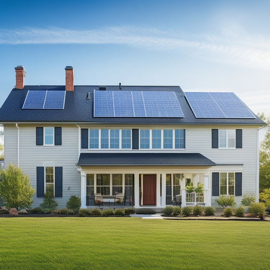 A serene suburban home with varied solar panel installations on rooftops, showcasing different types, such as monocrystalline, polycrystalline, and thin-film panels, set against a bright blue sky with fluffy white clouds.