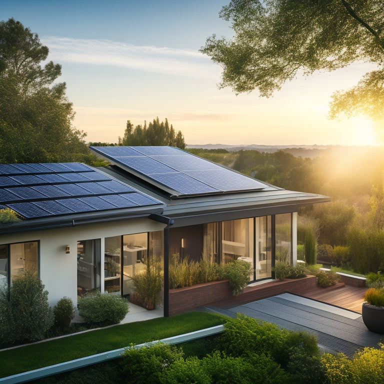 A bright, sunlit rooftop adorned with sleek solar panels, surrounded by lush greenery and a serene neighborhood. Energy-efficient appliances gently glowing inside a modern home, symbolizing reduced energy consumption and sustainable living.