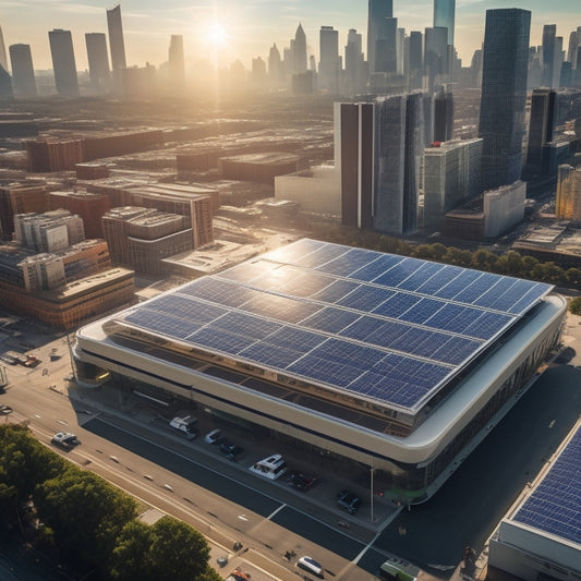 An aerial view of a large, modern commercial building with a sprawling solar panel array on its rooftop, surrounded by a bustling cityscape with skyscrapers and busy streets.