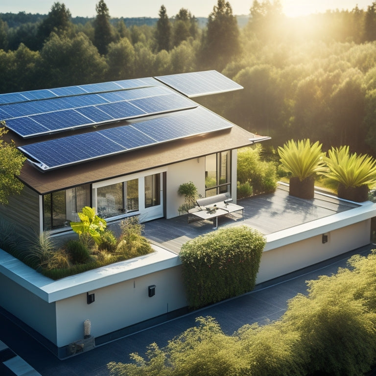 A sunlit rooftop adorned with sleek solar panels, surrounded by lush greenery. A calculator, tax documents, and a house model nearby, symbolizing financial savings and eco-friendly energy solutions, all bathed in warm sunlight.