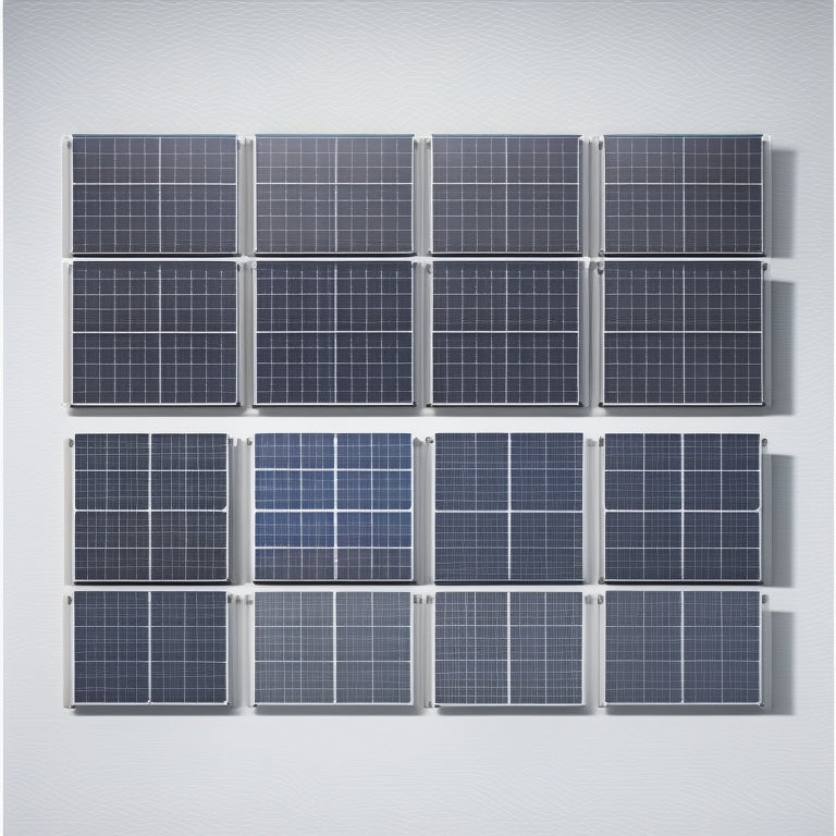 A stylized illustration of 10 differently sized solar panels, ranging from small (10 inches) to large (72 inches), arranged in a staggered formation on a white background, with subtle gridlines.